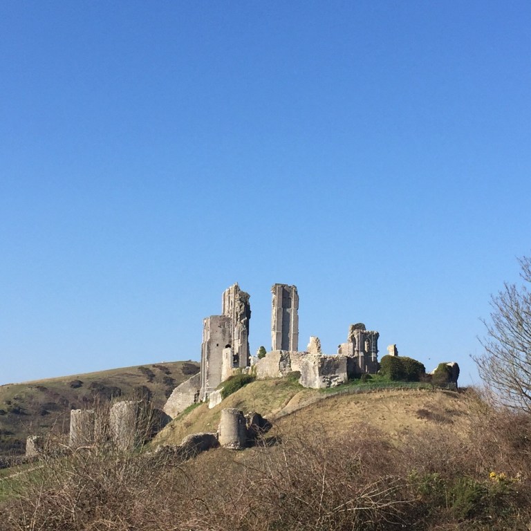 The ruins of Corfe Castle, seen from Nine Barrow Down in Purbeck, Dorset, UK