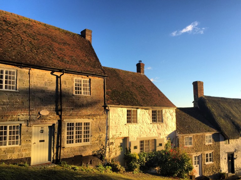 Gold Hill, also known as Hovis Hill, in Shaftesbury, Dorset, taken on a sunny afternoon