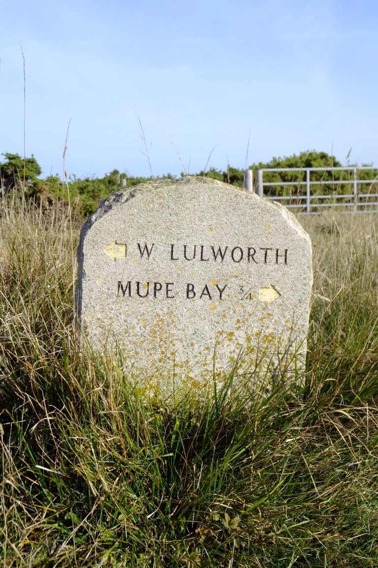 Stone waymarker sign between West Lulworth and Mupe Bay on the South West Coast Path, the Isle of Purbeck, Dorset