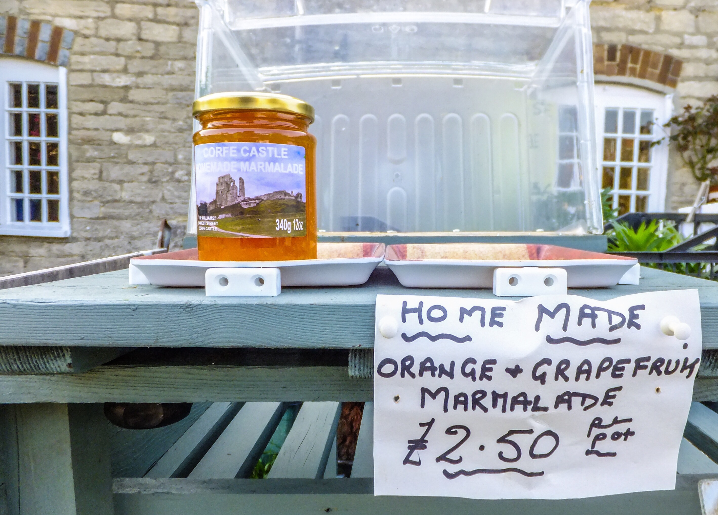 Marmalade for sale at roadside honesty box in Corfe Castle